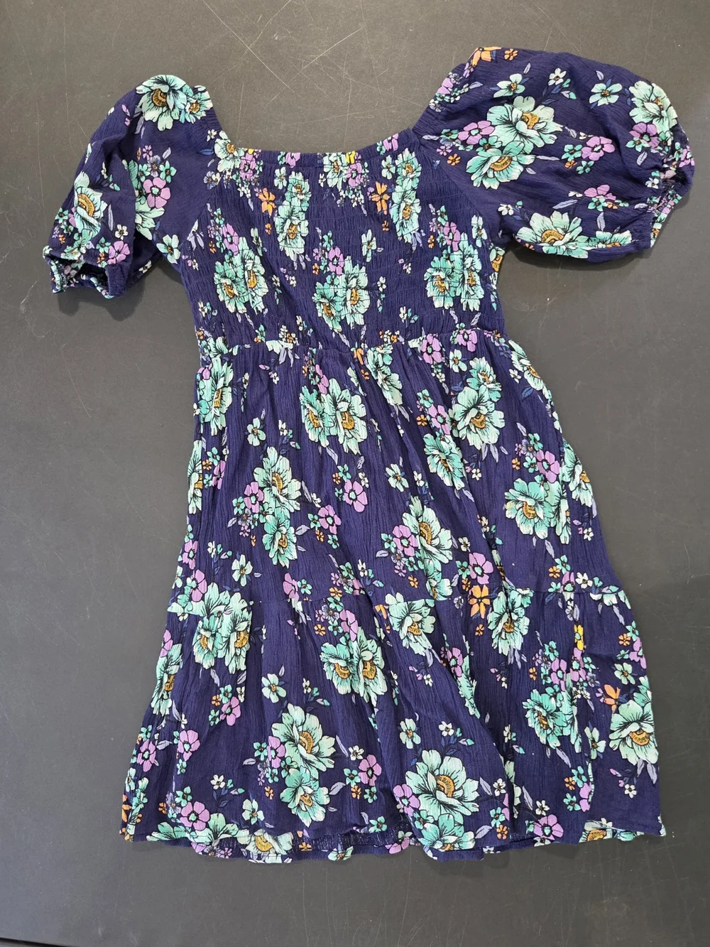 Justice Navy Floral Puff-Sleeve Dress with Aqua and Purple Blooms